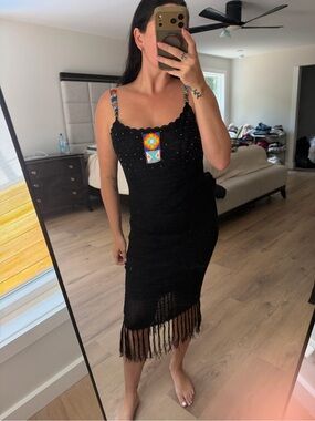 Sue Wong crotchet Black Midi Dress with Multicolor Beaded Accents